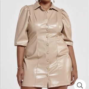 Lord & Taylor soft Faux Leather Dress w/Puff Sleeve tan size 1 100% polyurethane